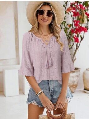 NWT Furnex Lilac Purple Textured Boho Tassel Tie Blouse Plus‎ Size 2XL